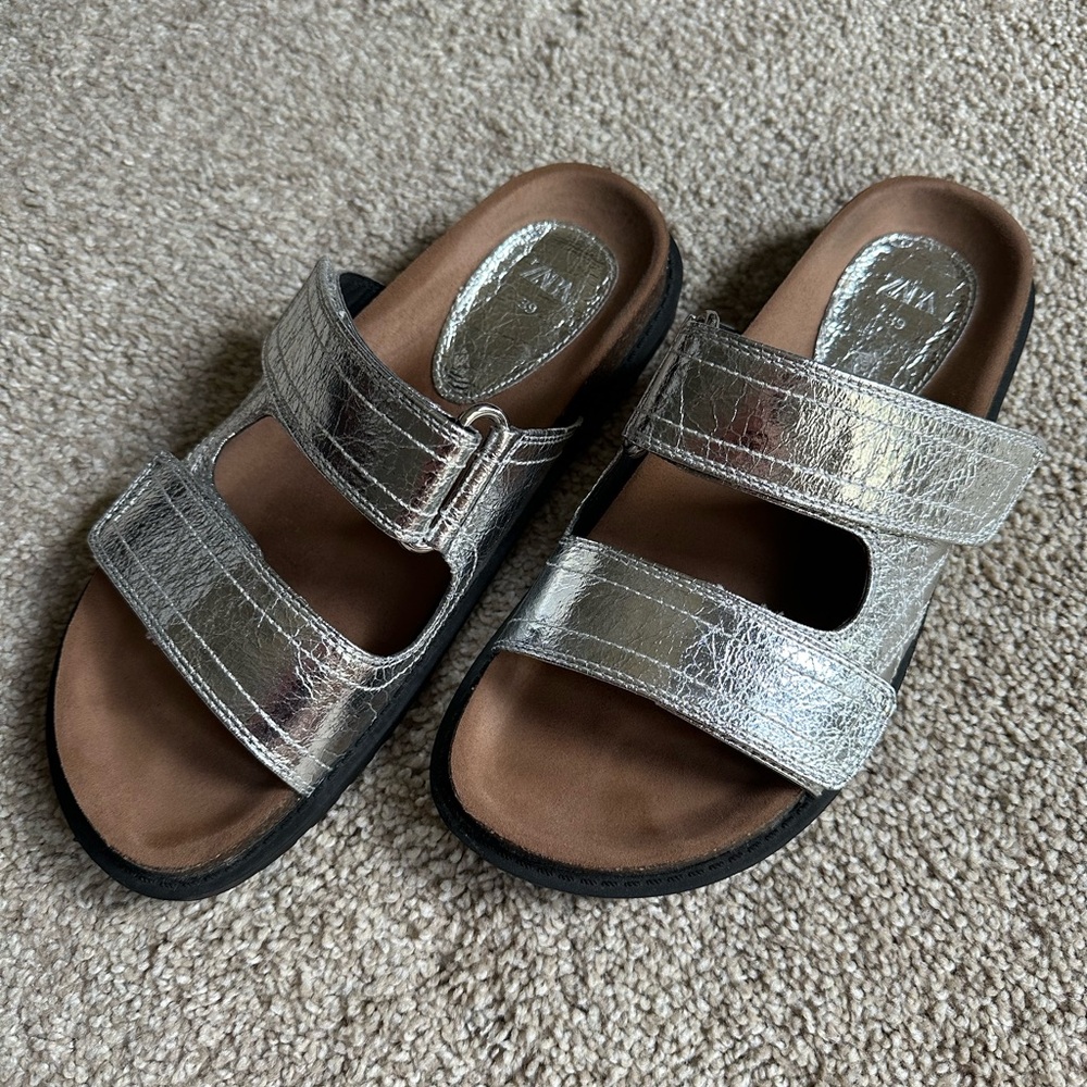 Zara silver slide sandals size 39